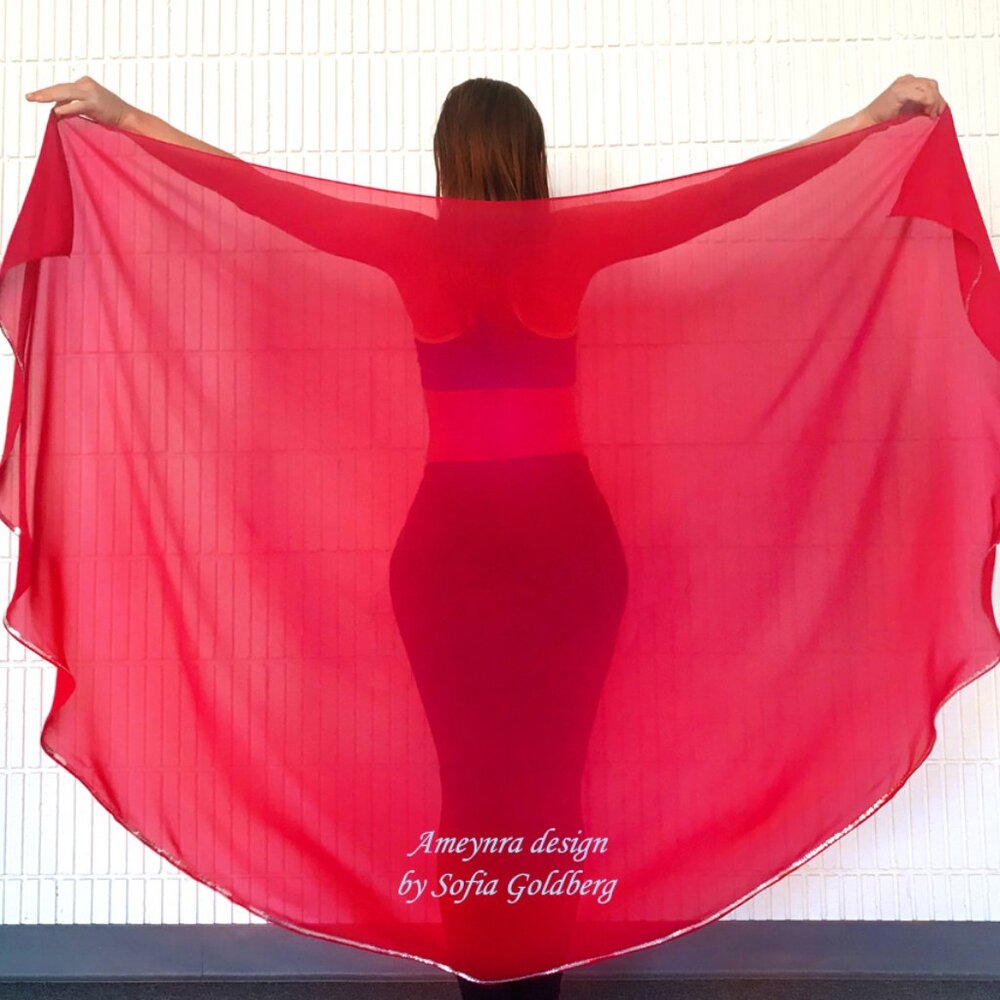 Red Chiffon Veil for Belly Dance. With silver sequins! Half Circle. New